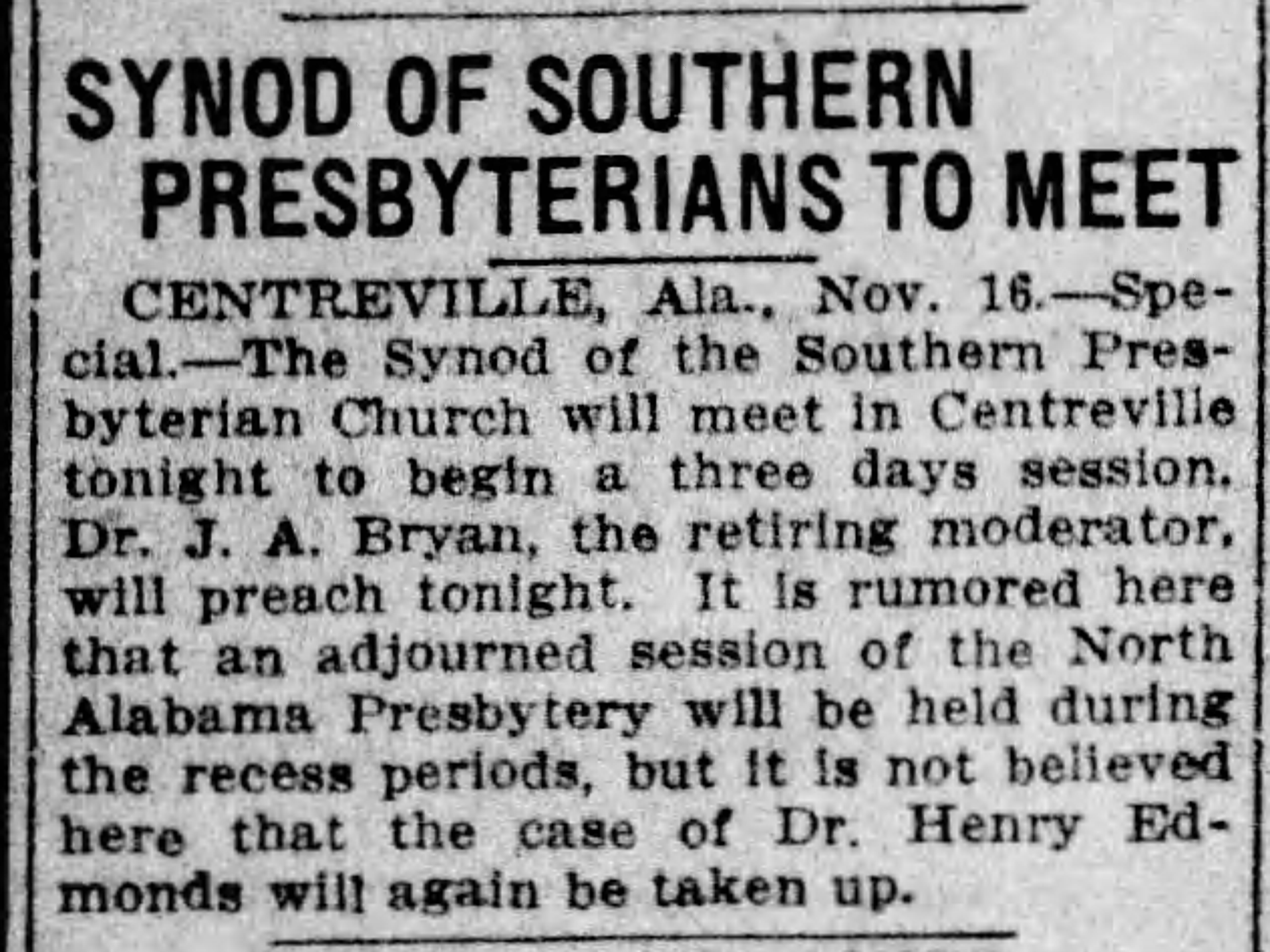 Synod of Southern Presbyterians To Meet Here